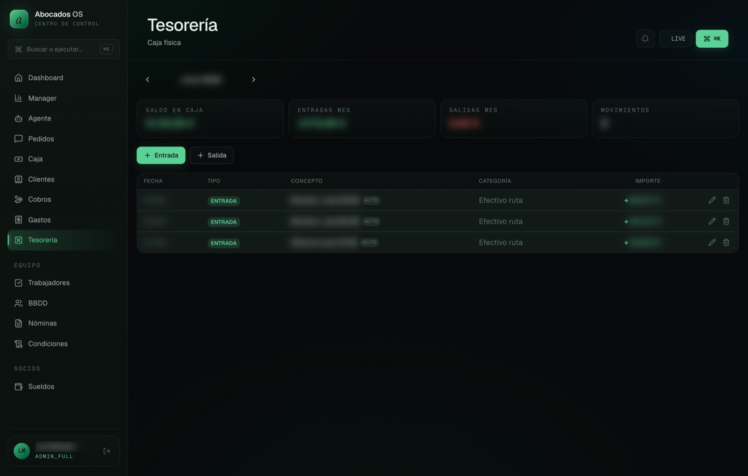 Tesorería y cierre de caja — captura real